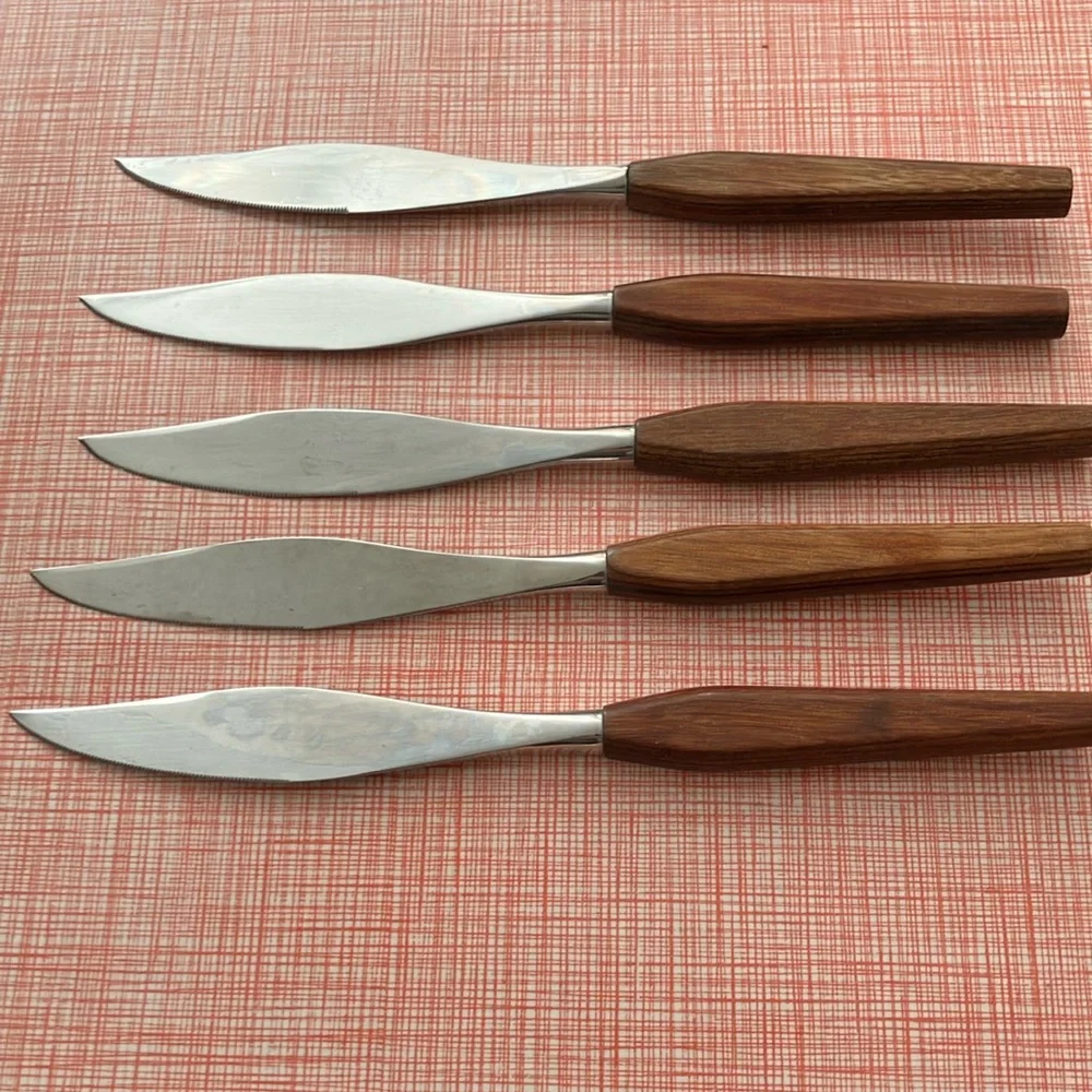 Set of 5 vintage MCM Stainless Steel Knives with Wood Wooden Handles